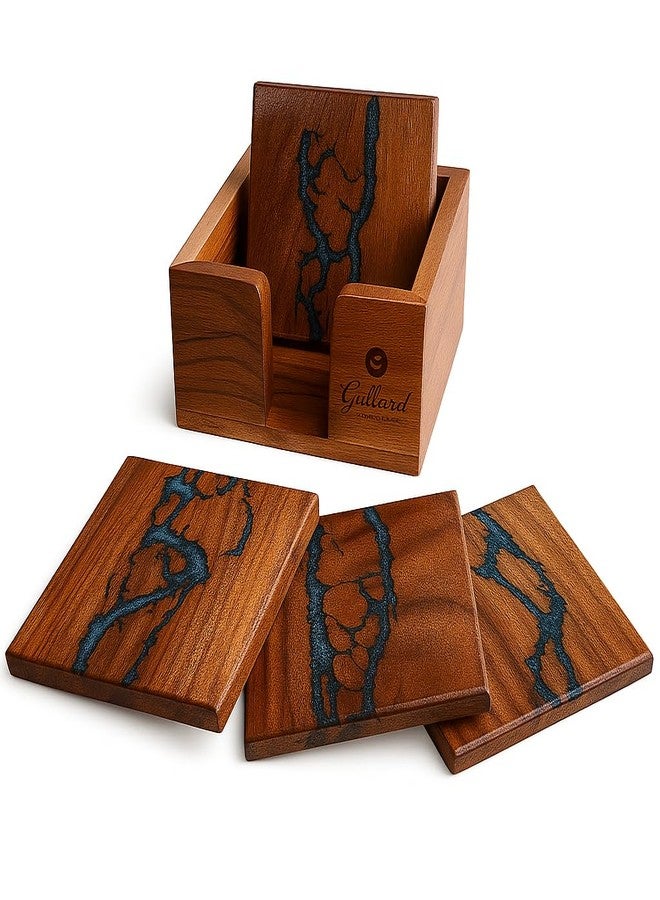 Cultured Creation | Beautiful Epoxy Resin and Wood Coaster Set | Ideal for Tabletop Protection | Enhance Your Coffee Table Decor | (Fractal Burning Blue) - Image 1